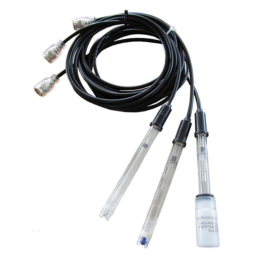 Electrodos de pH: conjunto de cables y sondas transparentes para medición de pH con conectores en la punta.