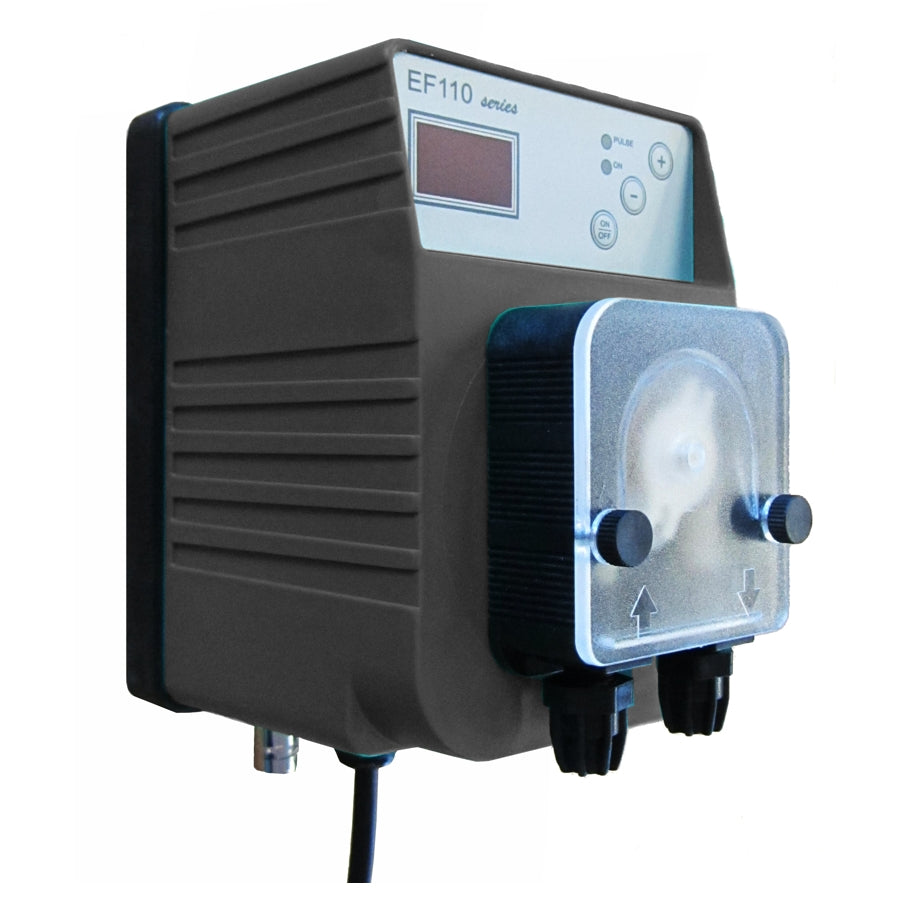 EF110 serie, bomba peristáltica compacta con panel de control y tapa transparente, dos pernos de ajuste y puerto de conexiones.