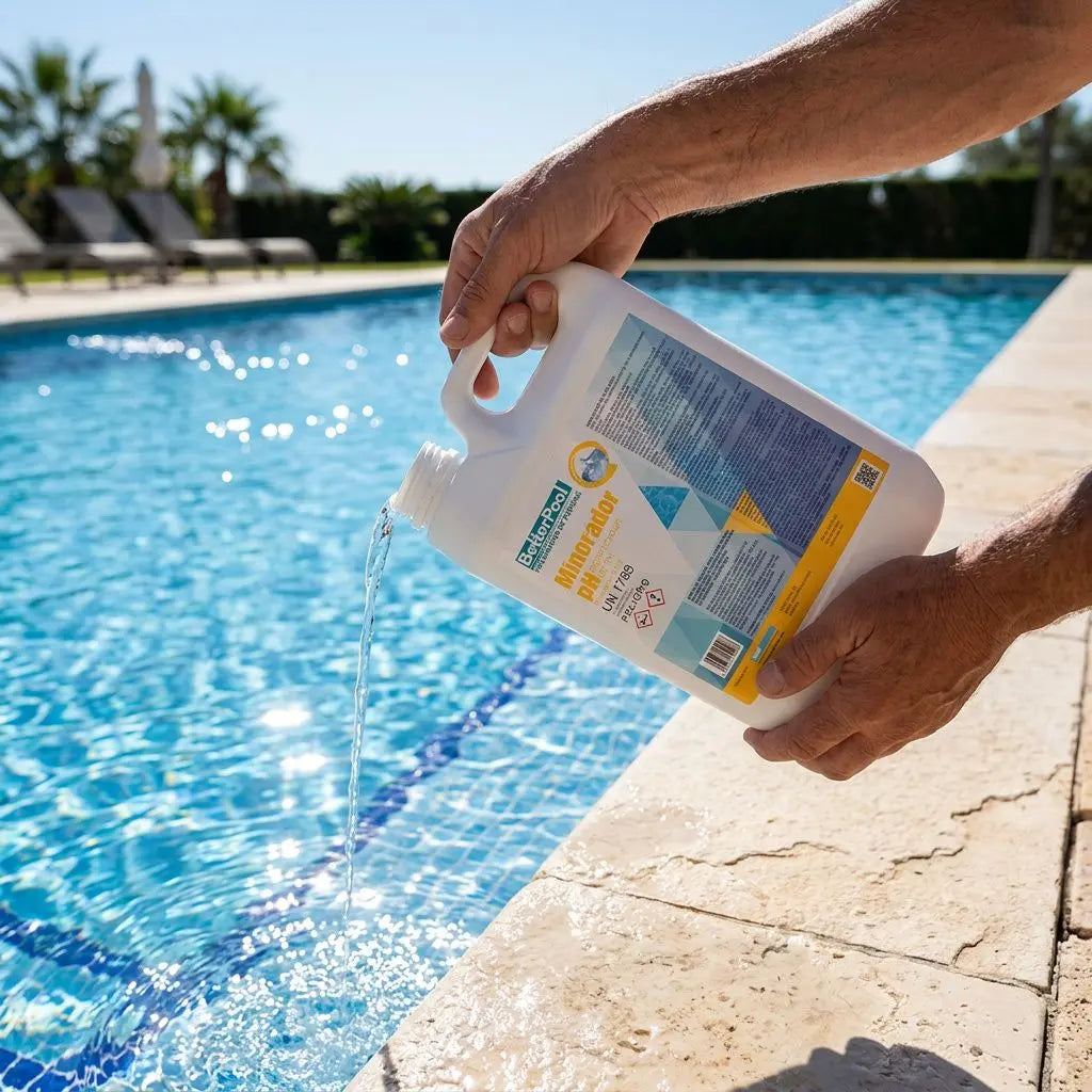 Persona vertiendo BetterPool® Minorador pH en una piscina desde un envase blanco con etiqueta colorida, junto al borde.