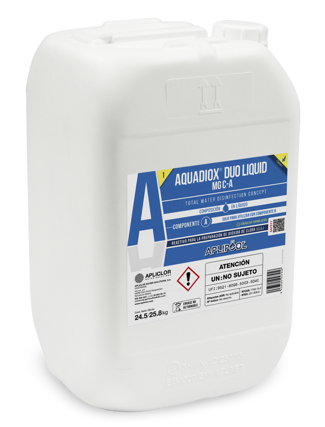 AQUADIOX® DUO LIQUID, líquido de dióxido de cloro estabilizado en envase blanco grande con etiqueta azul y advertencias de seguridad.