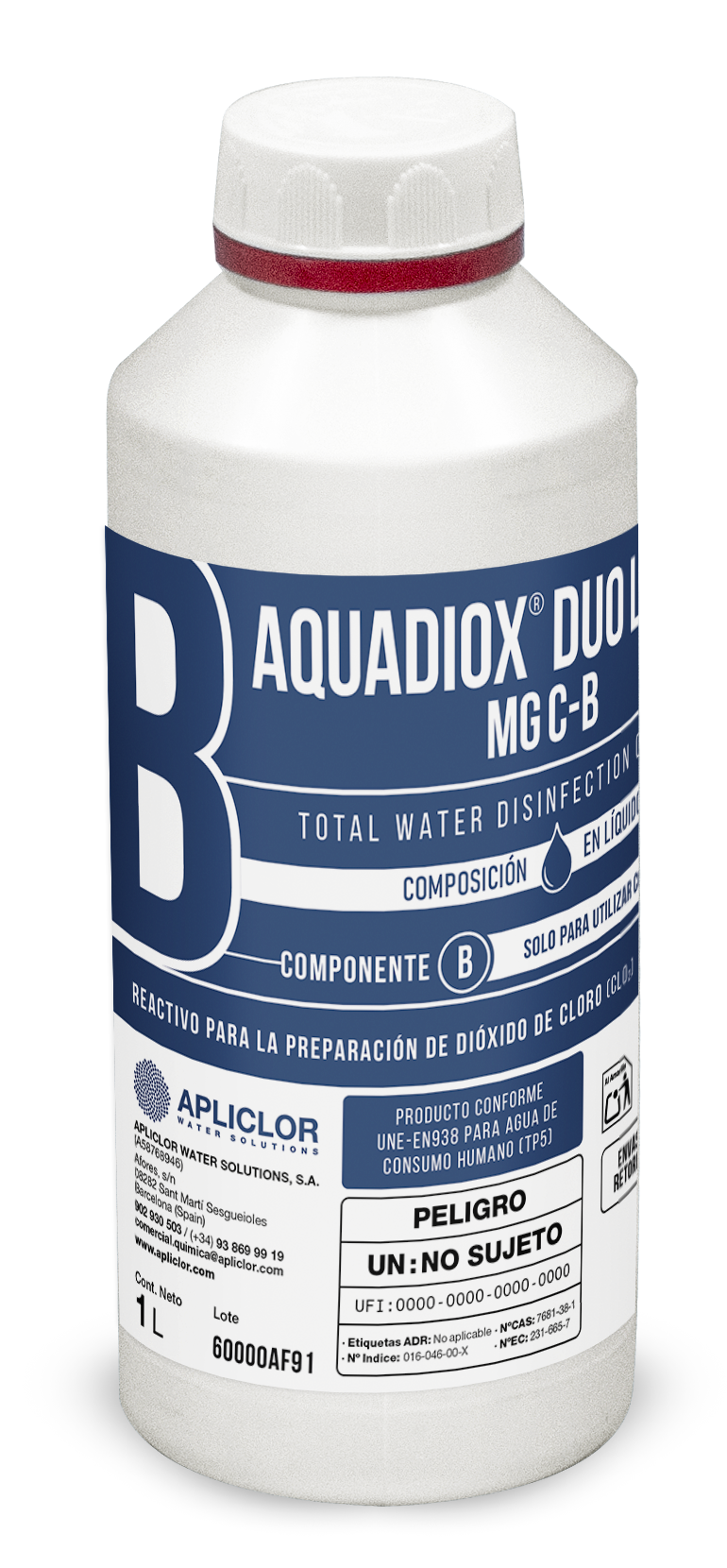 Botella blanca de 1 L con etiqueta azul que lee AQUADIOX DUO MG-C-B, producto de desinfección Total Water.