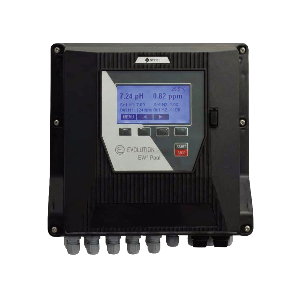 Controlador de pH EW² Pool de la LÍNEA EVOLUTION EW² Pool con pantalla y conectores en la base.