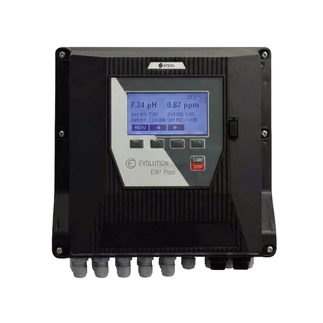 Controlador de pH EW² Pool de la LÍNEA EVOLUTION EW² Pool con pantalla y conectores en la base.