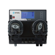 Controlador de piscina NOVA² de Steiel, con pantalla azul y dos grandes reels/rodillos visibles para dosificación.