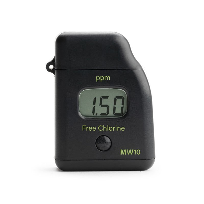 Medidor de cloro libre MW10 portátil con pantalla LED que muestra 1.50 ppm y botón de operación.