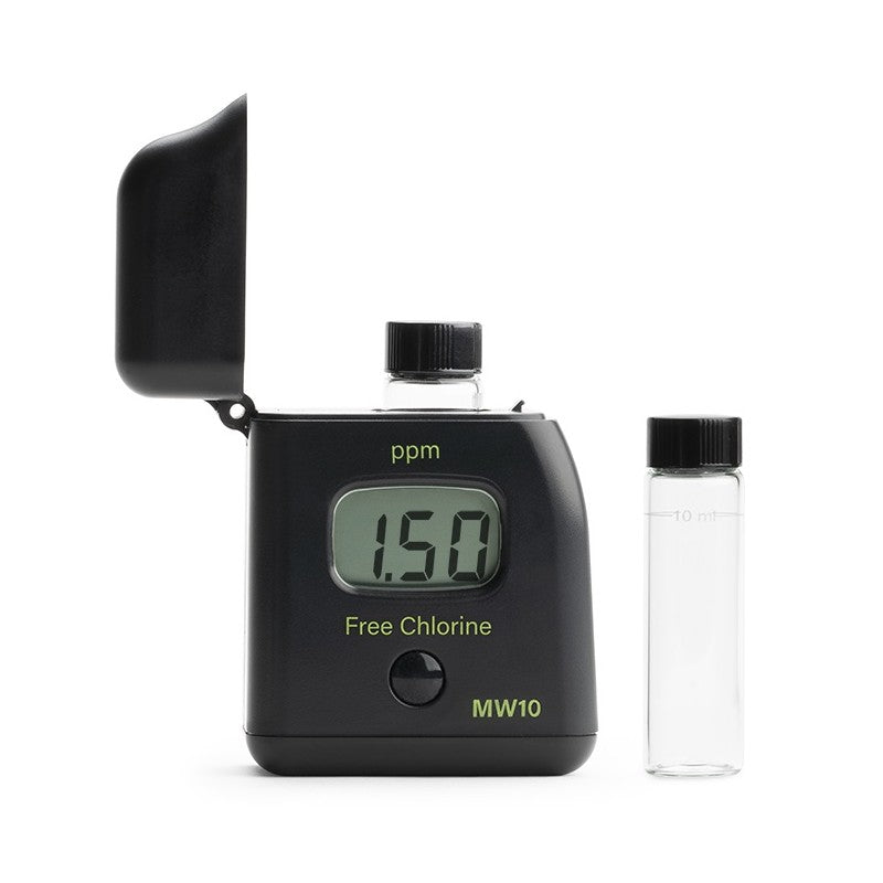 Medidor de cloro libre MW10 digital con pantalla-lectura de ppm y botella de prueba aparte.
