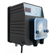 EF110 serie, bomba peristáltica compacta con panel de control y tapa transparente, dos pernos de ajuste y puerto de conexiones.